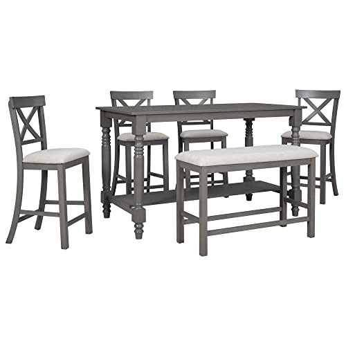 6-Piece Counter Height Table with Shelf 4 Chairs and Bench Gray I7314