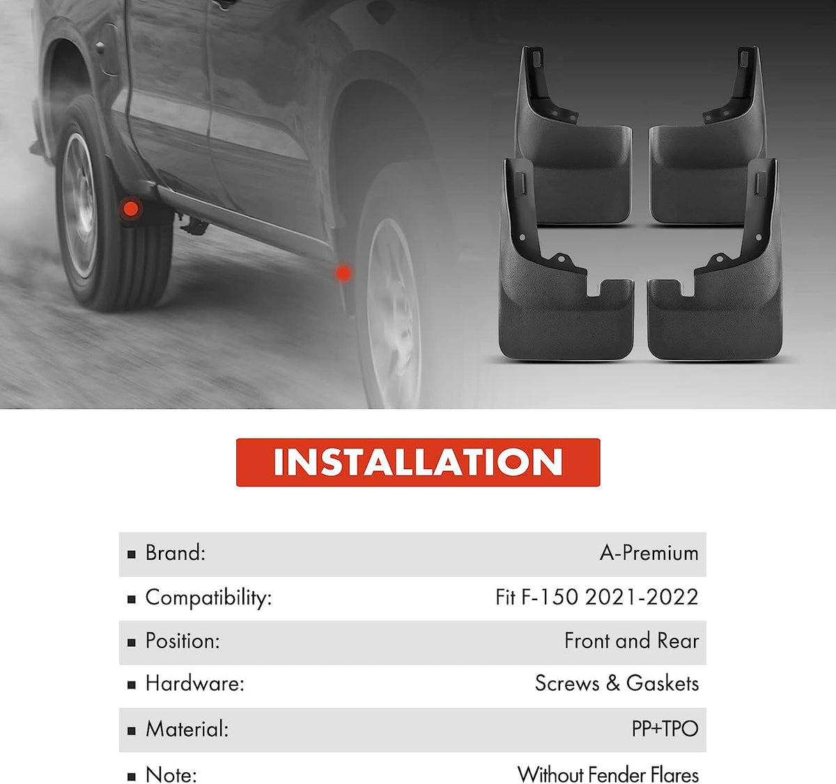 Set of 4 Mud Flaps with Hardware Kits for Pickup J267