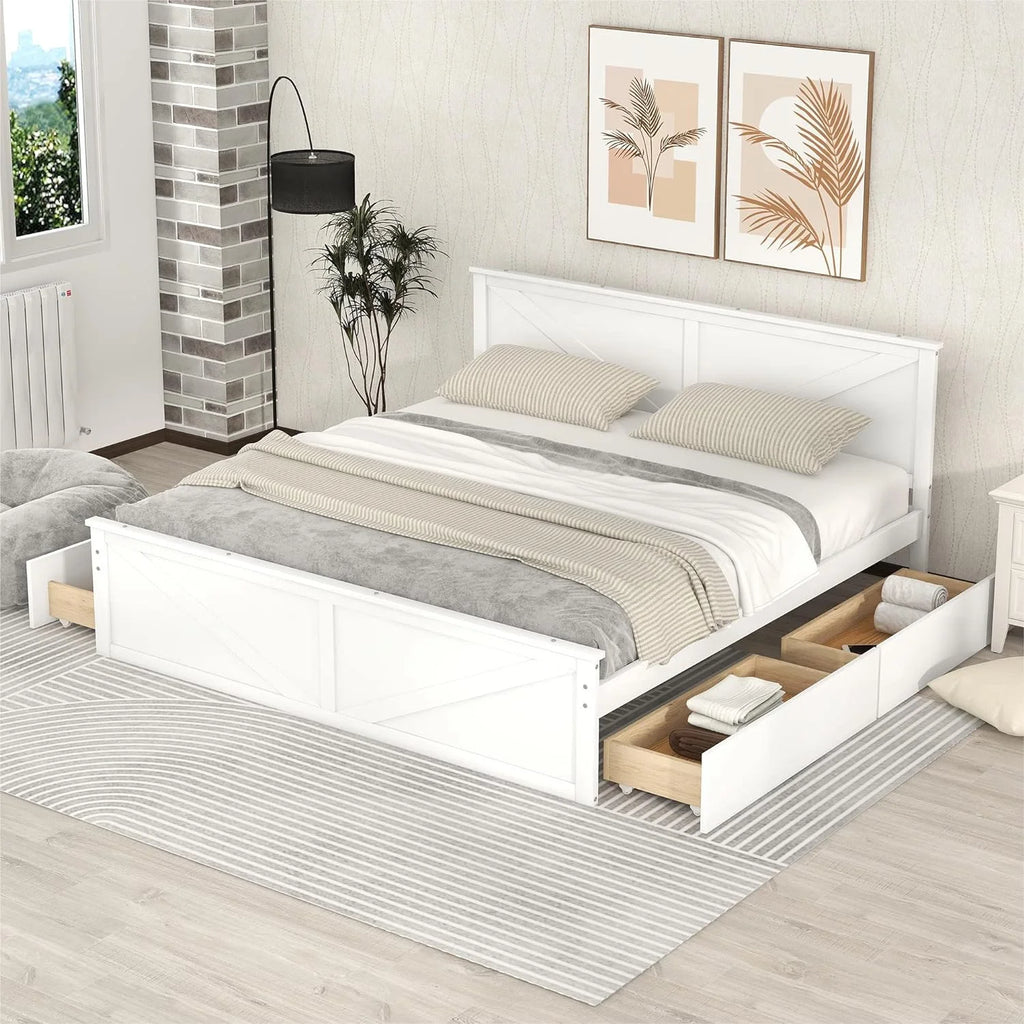 White Storage Bed with Headboard and 4 Drawers Q37084