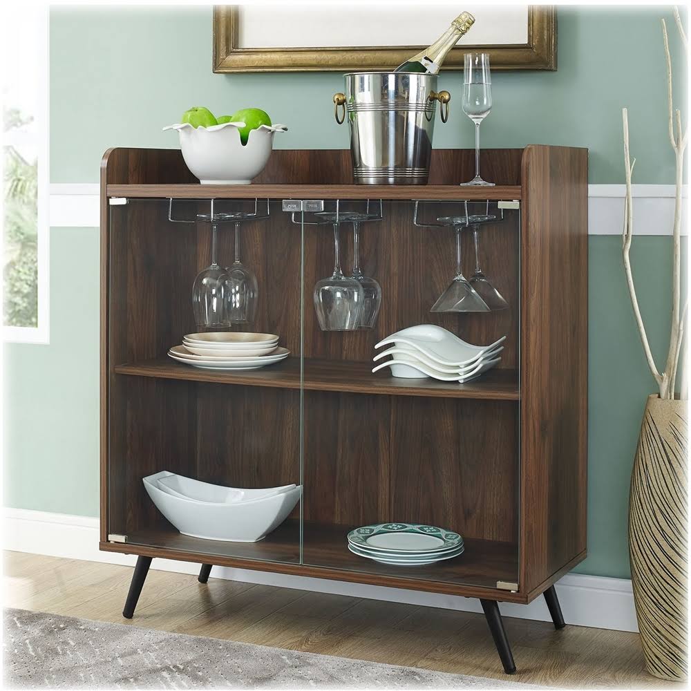 Dark Walnut Bar Cabinet with Glass Doors B939497
