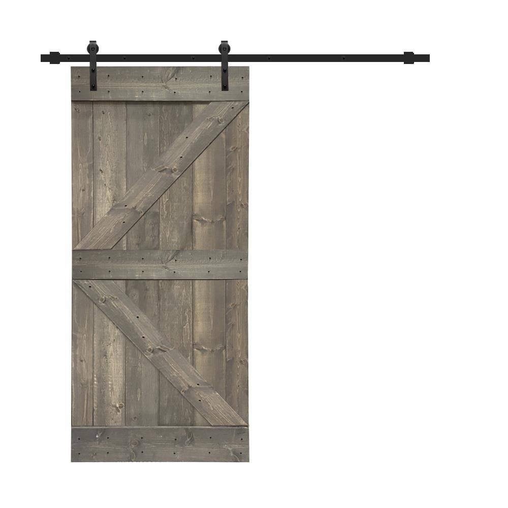 36 in. x 84 in. Gray Stained Knotty Pine Wood Sliding Barn Door with Hardware Kit X281025