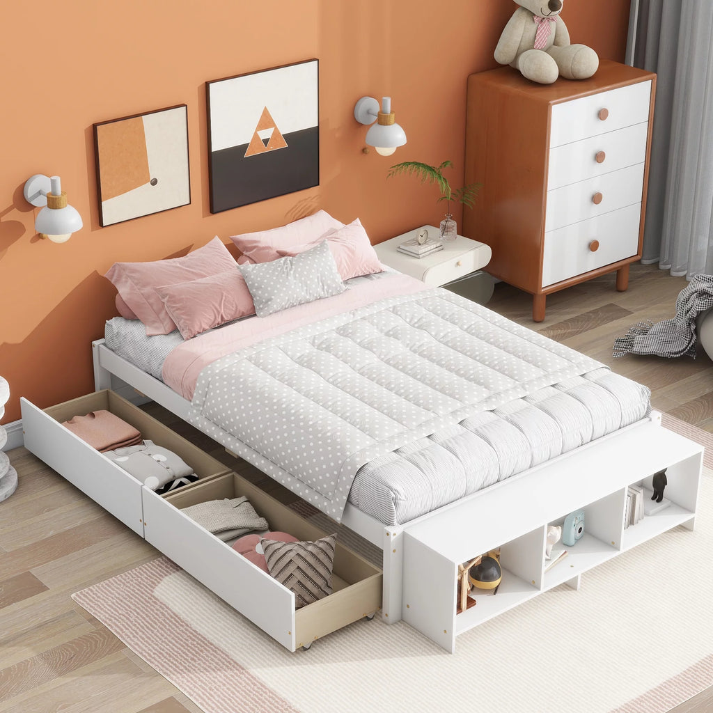 White Full Size Platform Bed with Storage Shelves and Drawer V221894