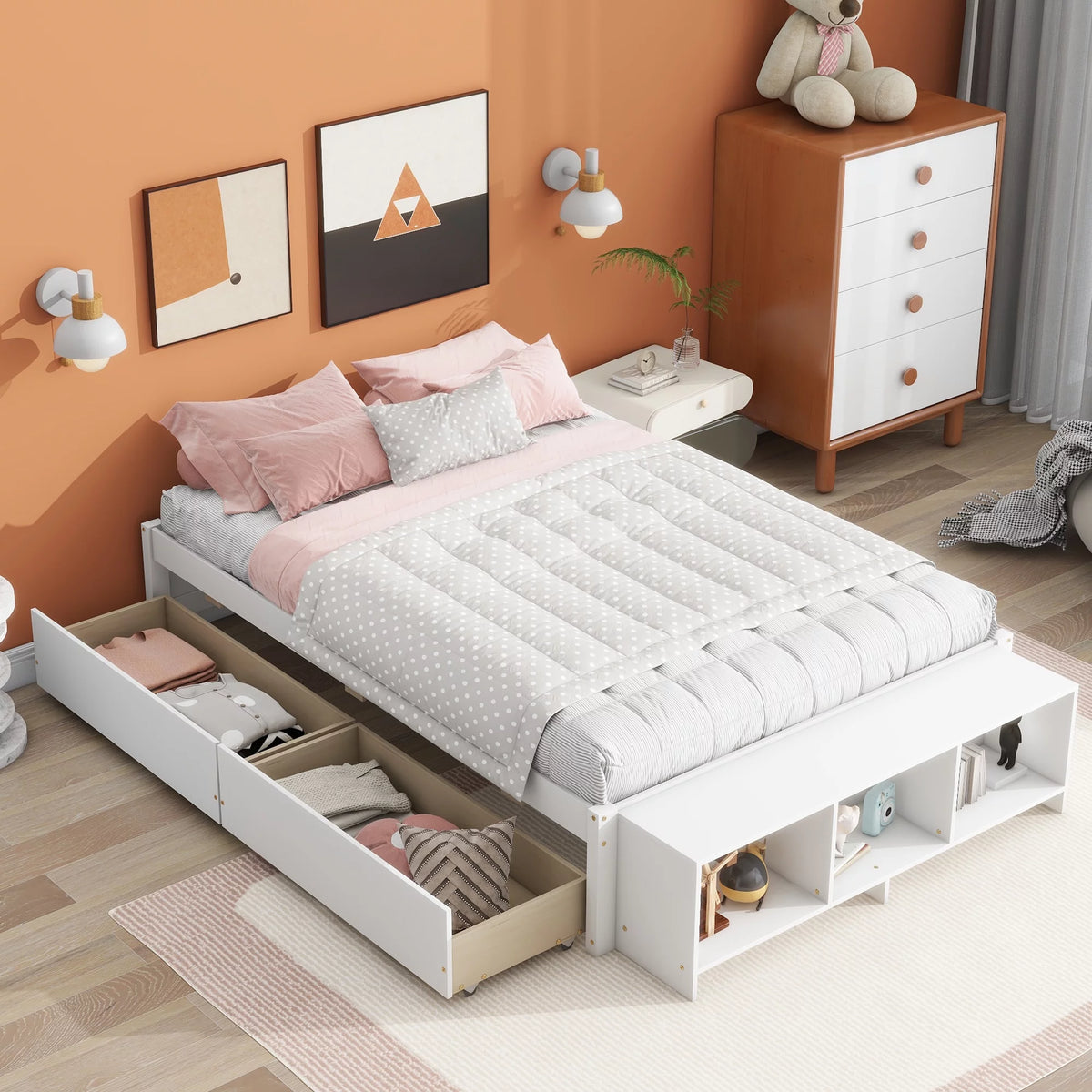 White Full Size Platform Bed with Storage Shelves and Drawer V221894