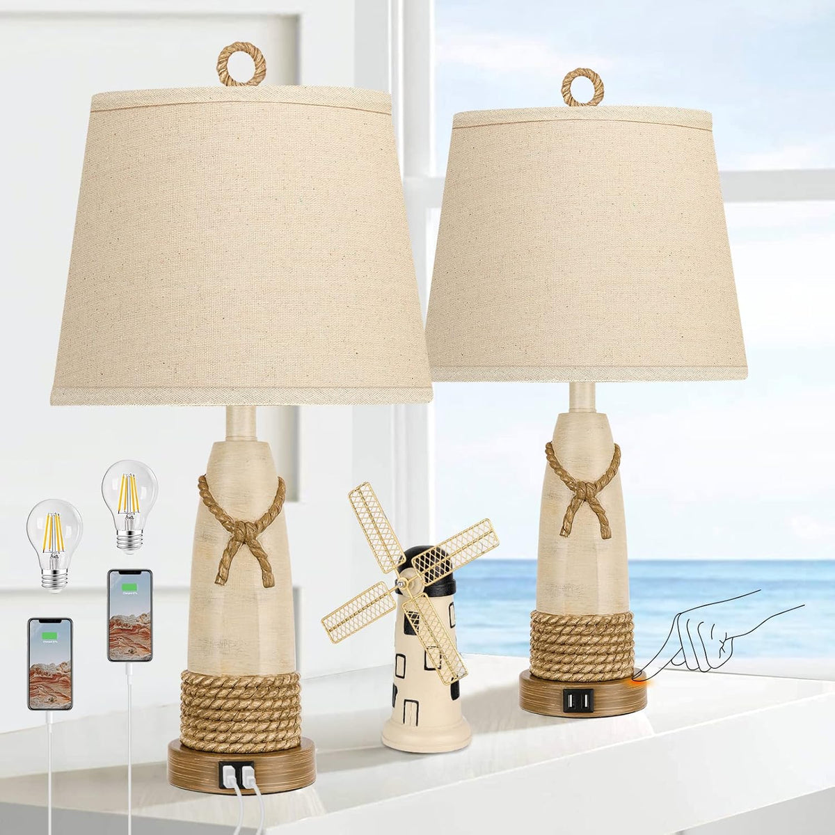 Set of 2 Dimmable Touch Lamps with USB Ports, Resin Nautical Drum Shade A708