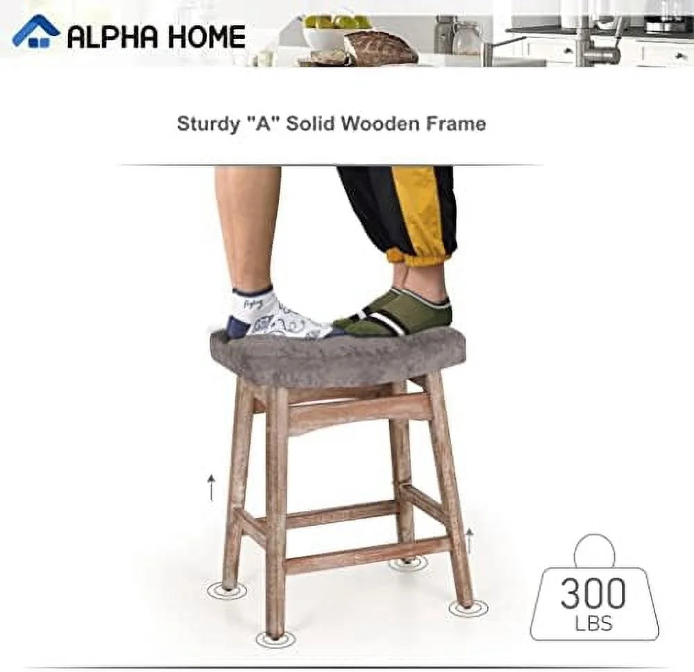 Solid Wood Saddle Kitchen Stool with Grey Linen Fabric Cushion Counter Height Barstool, 24 Inch B406