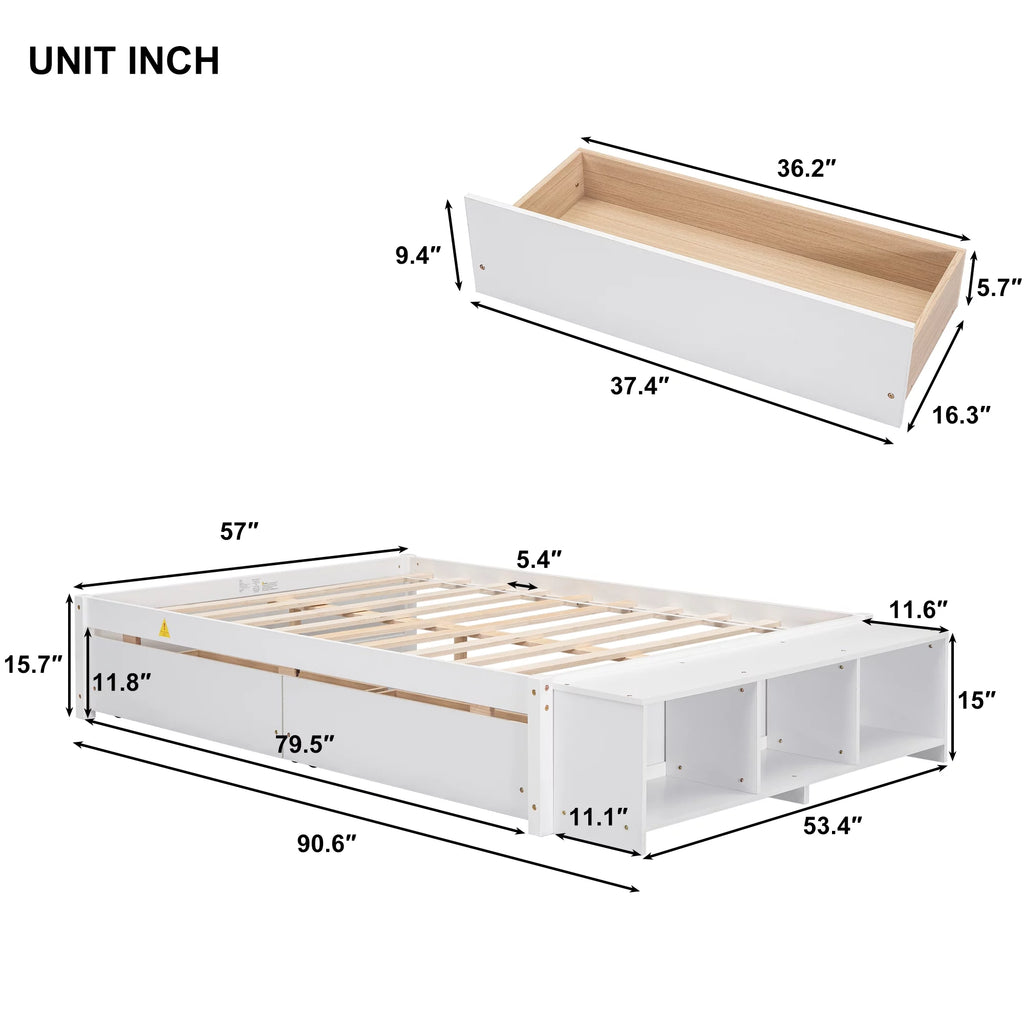 White Full Size Platform Bed with Storage Shelves and Drawer V221894
