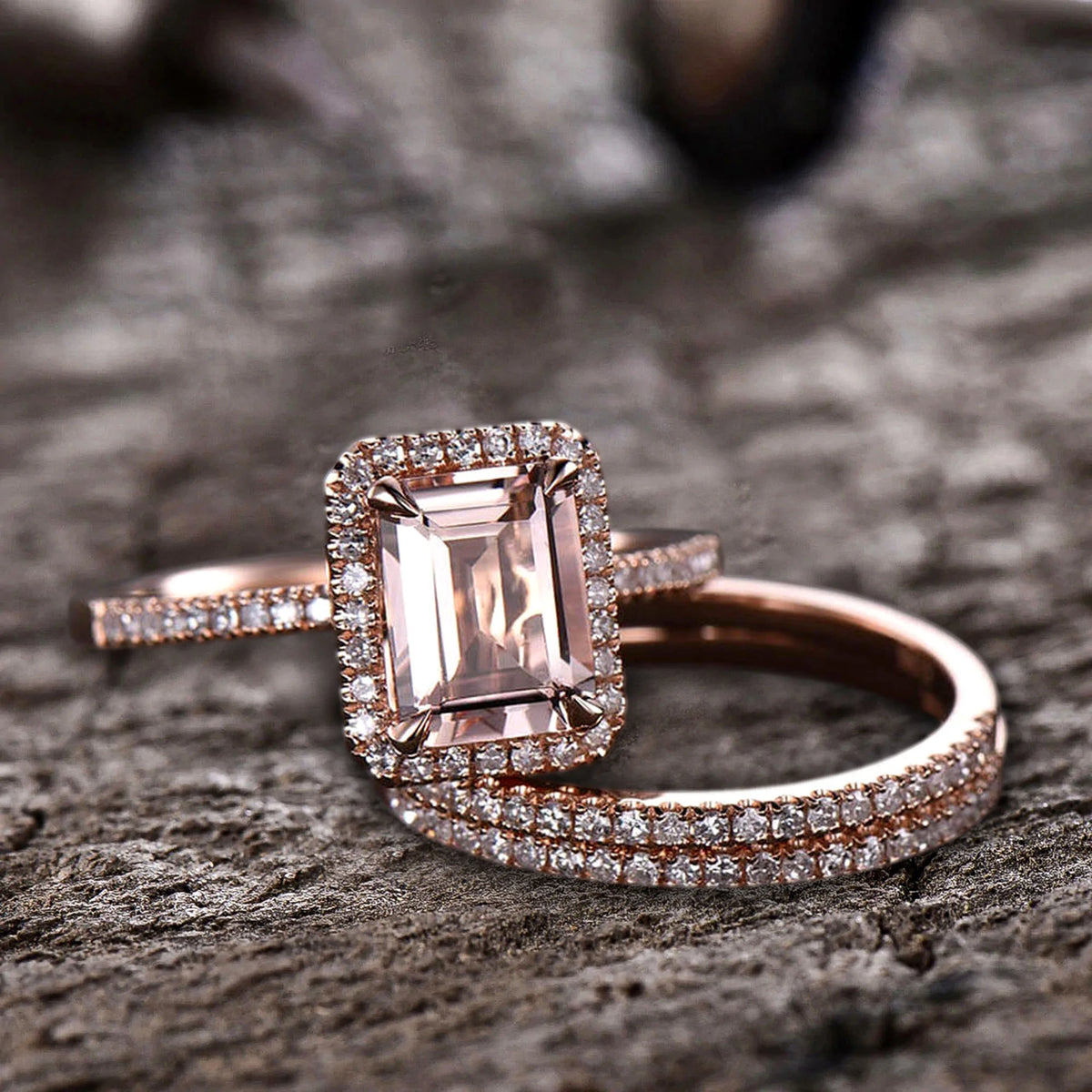 Emerald Cut Morganite Bridal Ring 10k Rose Gold Half Eternity N606917