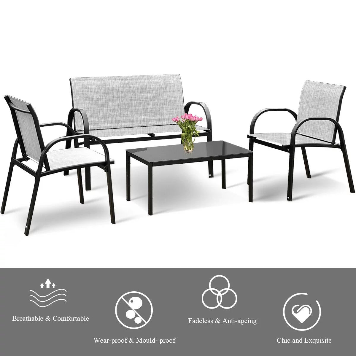 4 PCS Patio Furniture Set Sofa Coffee Table Gray O853452