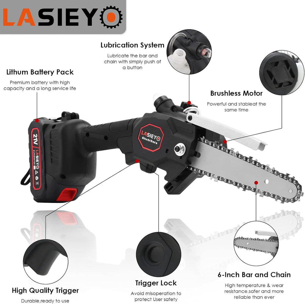 Cordless 6 Inch Brushless Mini Chainsaw with Oil System, 2Pcs 21V 2.0Ah Batteries H2657