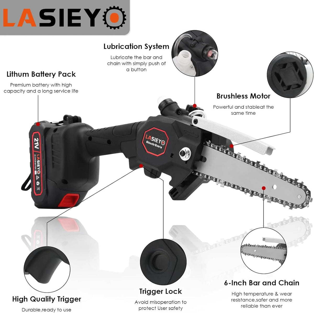 Cordless 6 Inch Brushless Mini Chainsaw with Oil System, 2Pcs 21V 2.0Ah Batteries H2657