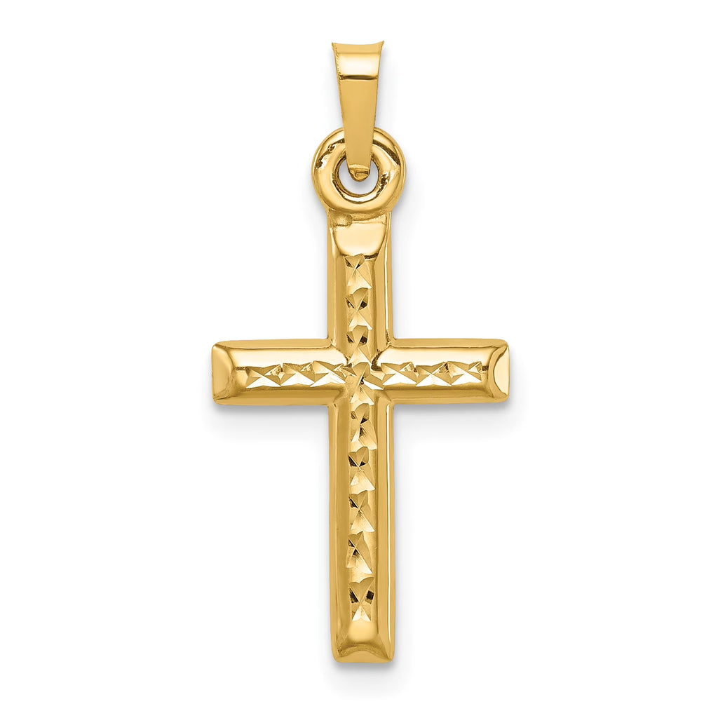 14K Yellow Gold Polished Hollow Diamond-Cut Cross Pendant Charm C4086