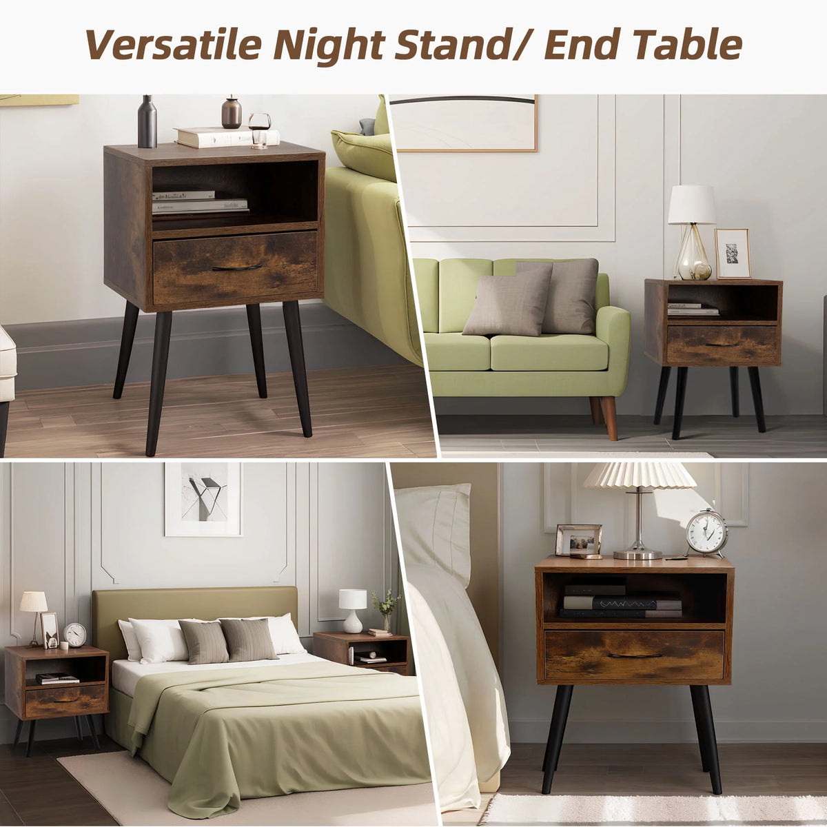 Set of 2 Nightstand with Drawer and Shelf, Wood Frame and Metal Legs, Brown R60430