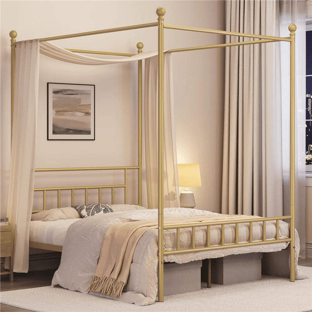 White Twin Metal Canopy Bed Frame with Headboard and Footboard E1617