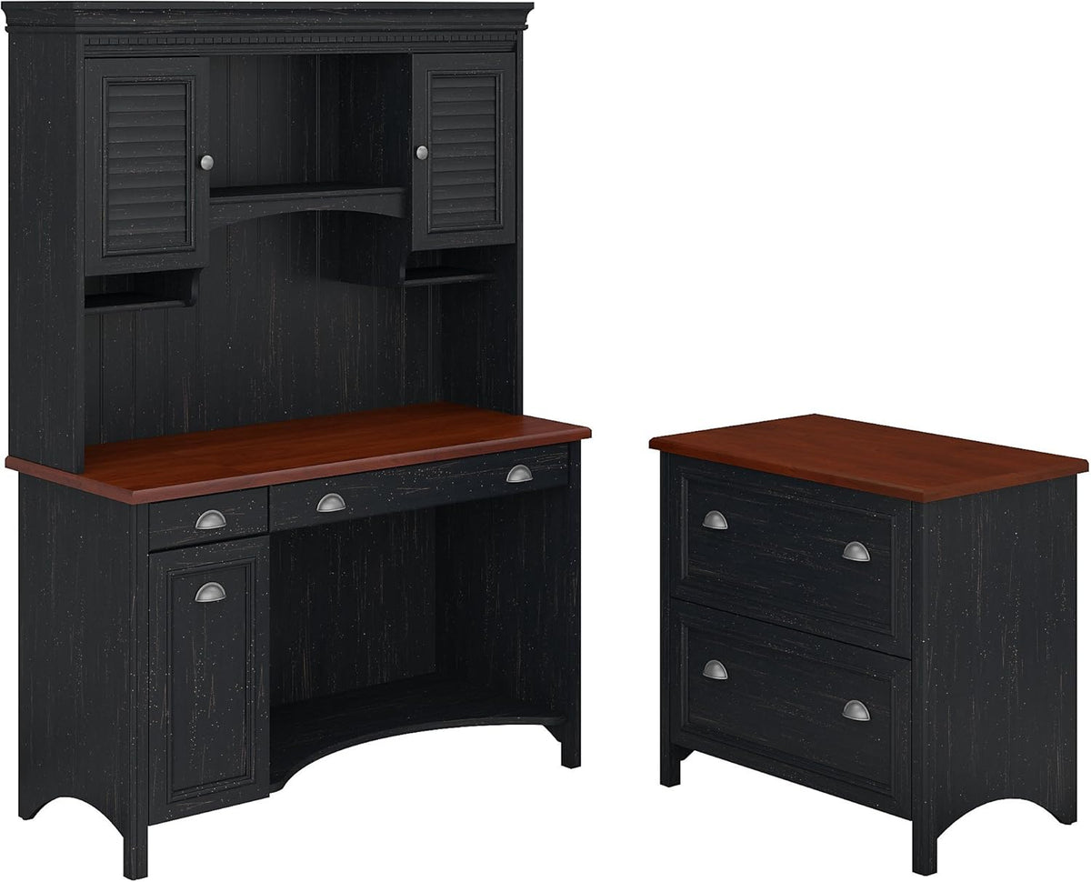 Antique Black Computer Desk with Hutch and 2 Drawer Lateral File Cabinet R8349