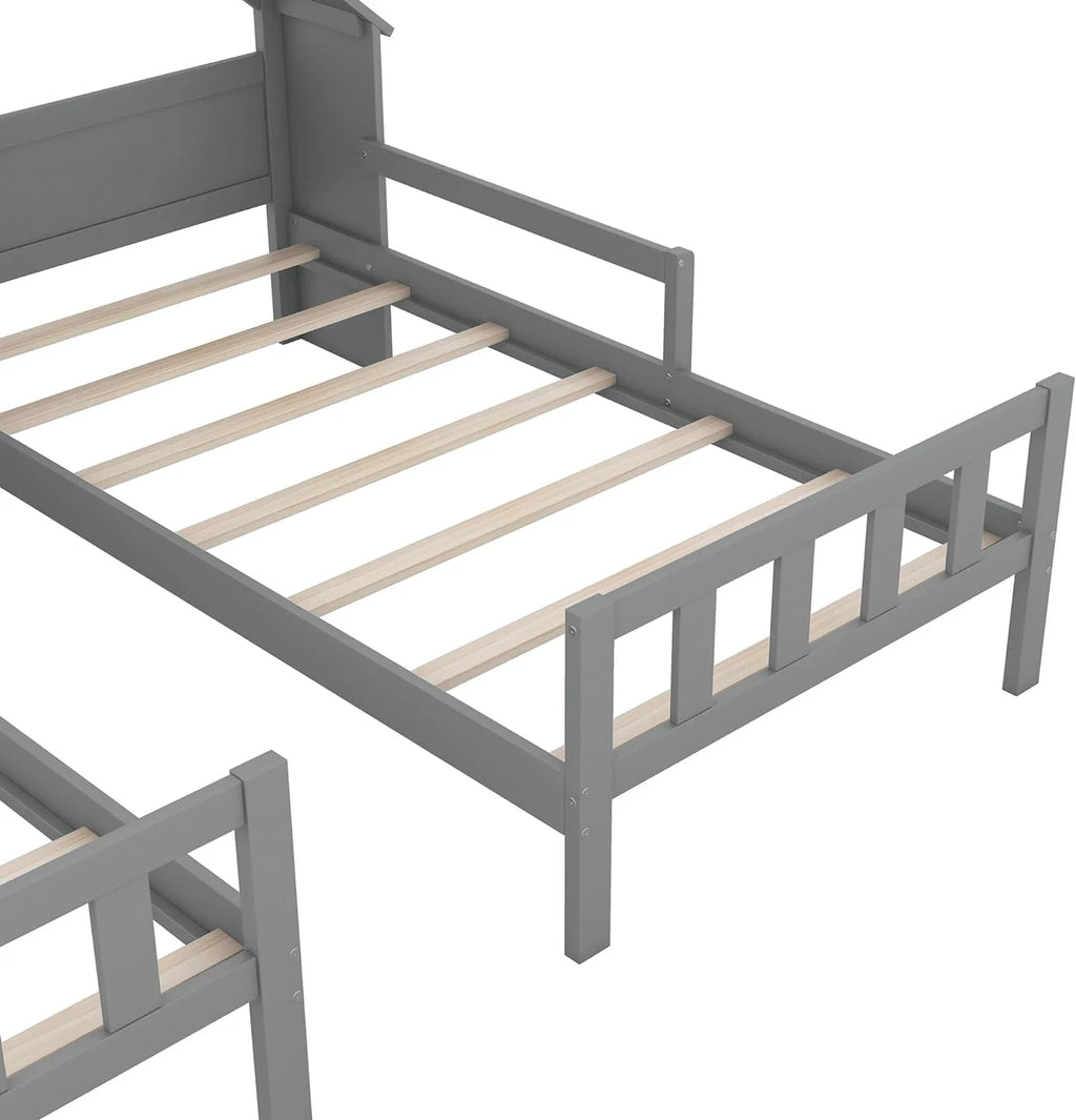 Wood Double House Bed with House-Shaped Headboard and Nightstand J26225