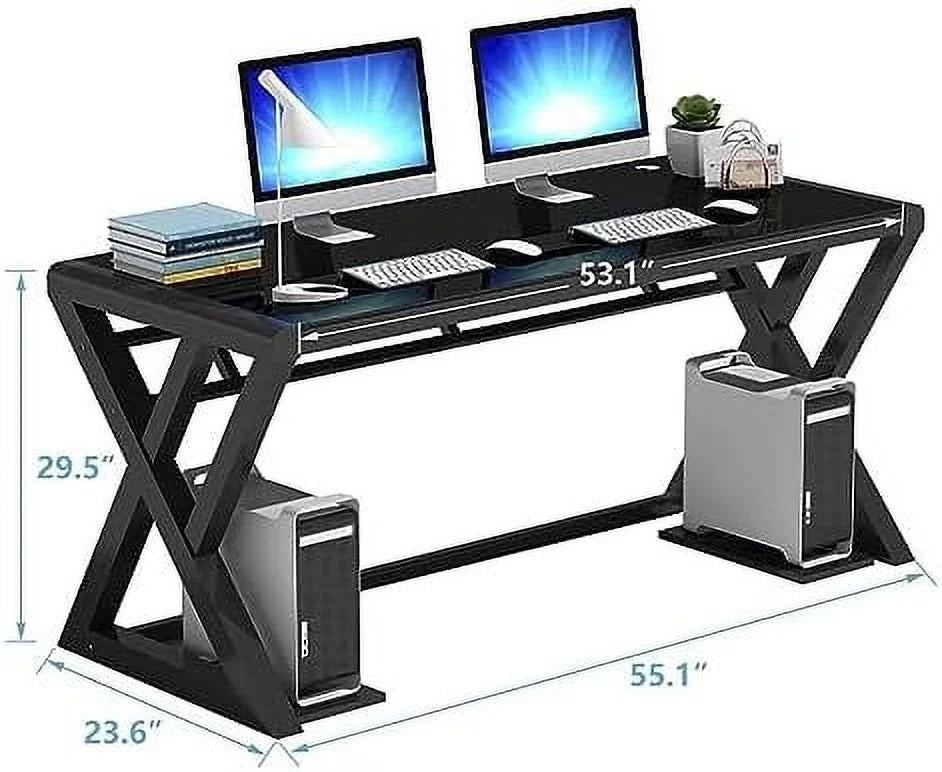 Glass Top X-Frame Metal Computer Desk 55.1 inches D210
