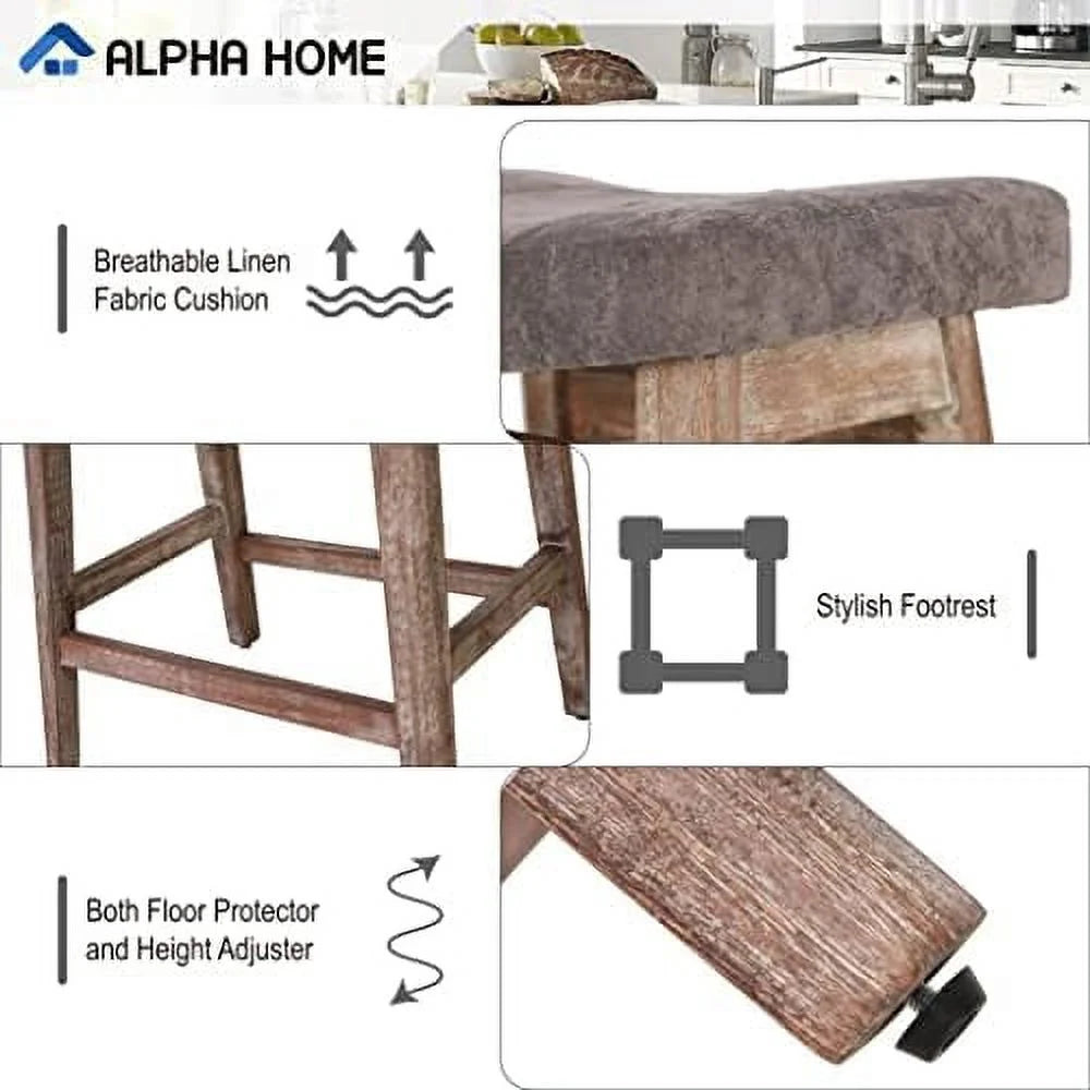 Solid Wood Saddle Kitchen Stool with Grey Linen Fabric Cushion Counter Height Barstool, 24 Inch B406