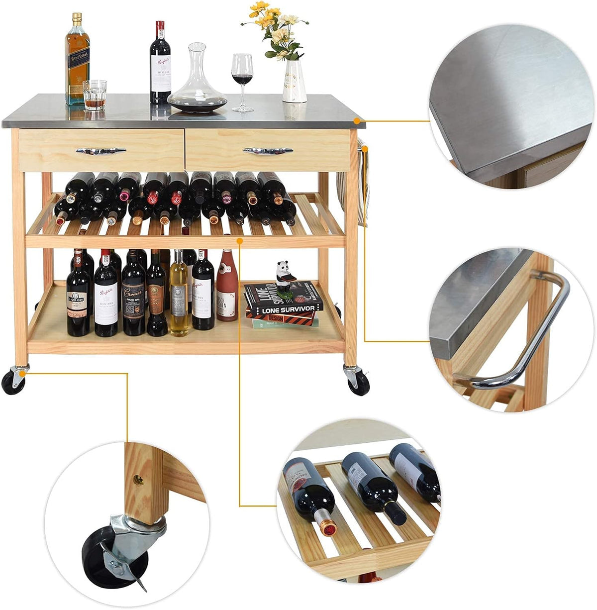 Kitchen Island Cart with Wheels Stainless Steel Counter Top 3 Tier Rolling A6754