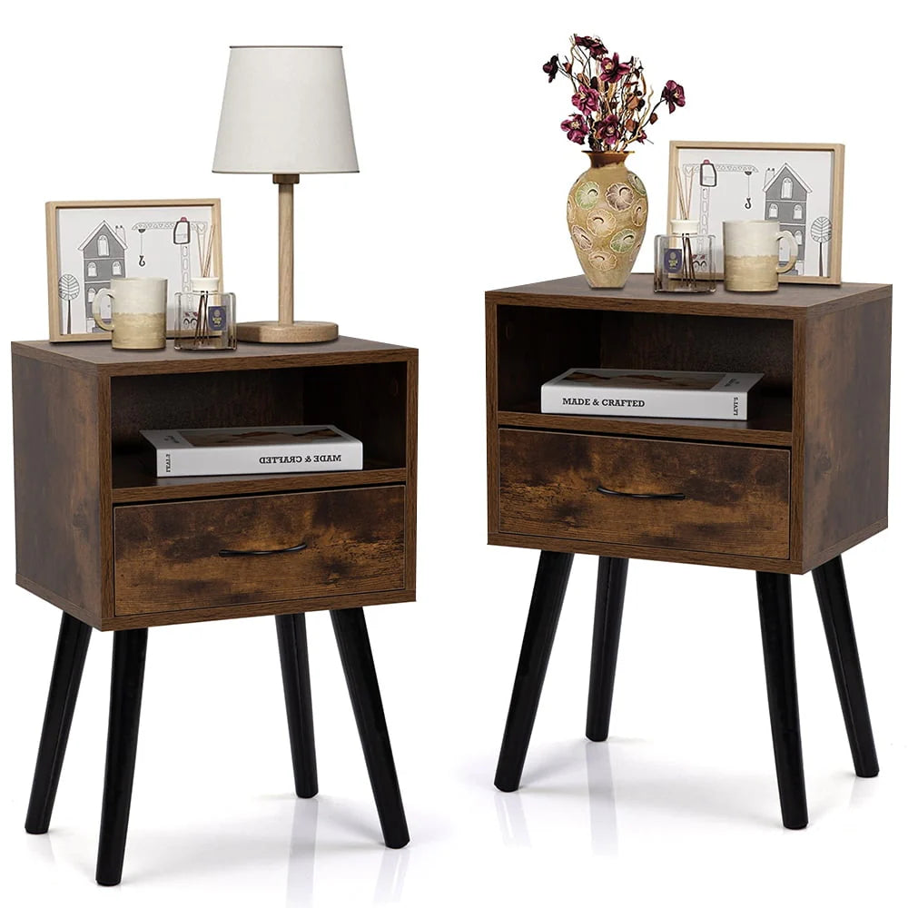 Set of 2 Nightstand with Drawer and Shelf, Wood Frame and Metal Legs, Brown R60430