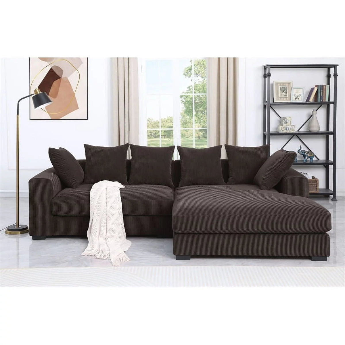 Brown Corduroy Upholstered Sectional Sofa with Chaise T72074