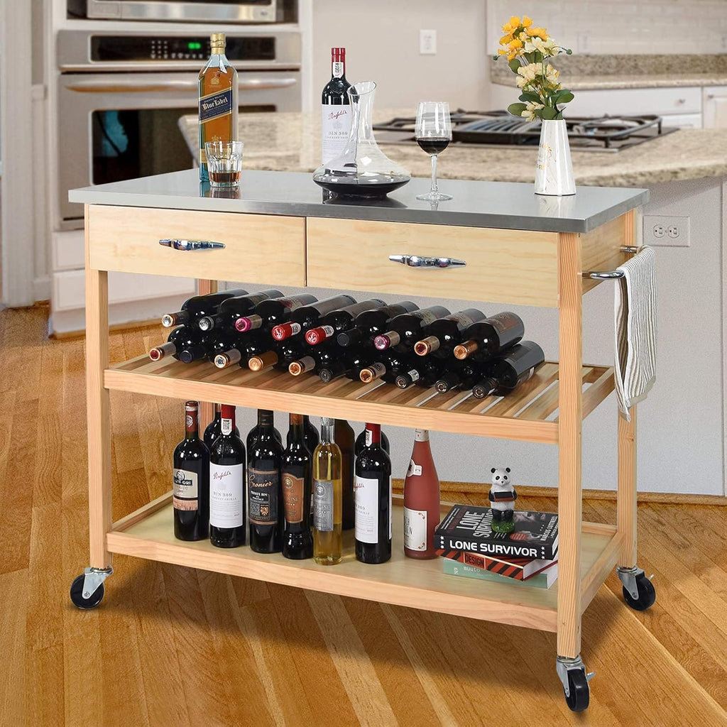 Kitchen Island Cart with Wheels Stainless Steel Counter Top 3 Tier Rolling A6754