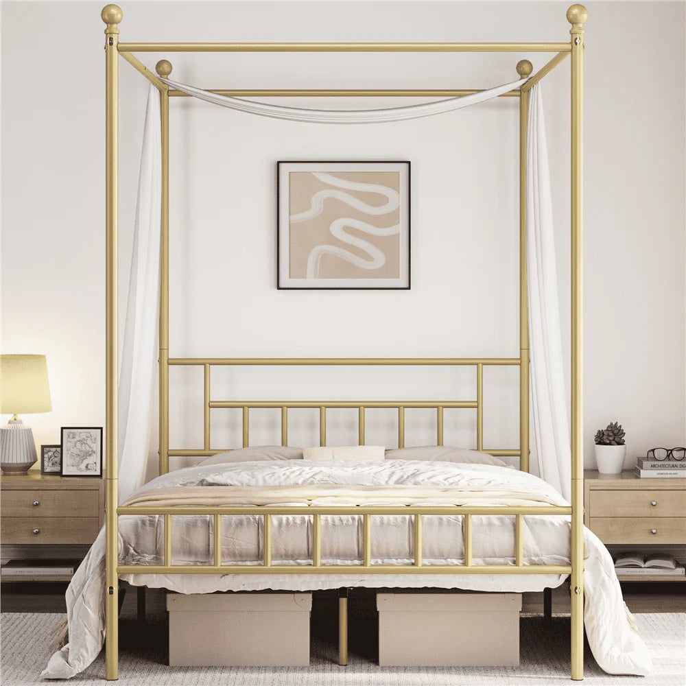 White Twin Metal Canopy Bed Frame with Headboard and Footboard E1617