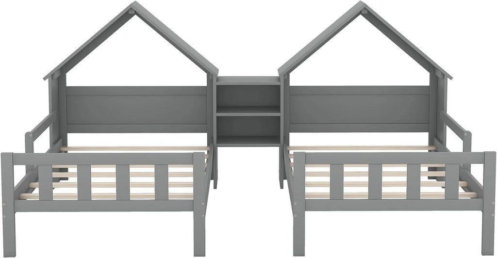 Wood Double House Bed with House-Shaped Headboard and Nightstand J26225