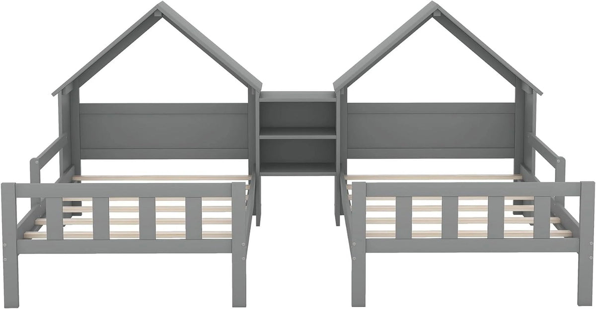 Wood Double House Bed with House-Shaped Headboard and Nightstand J26225