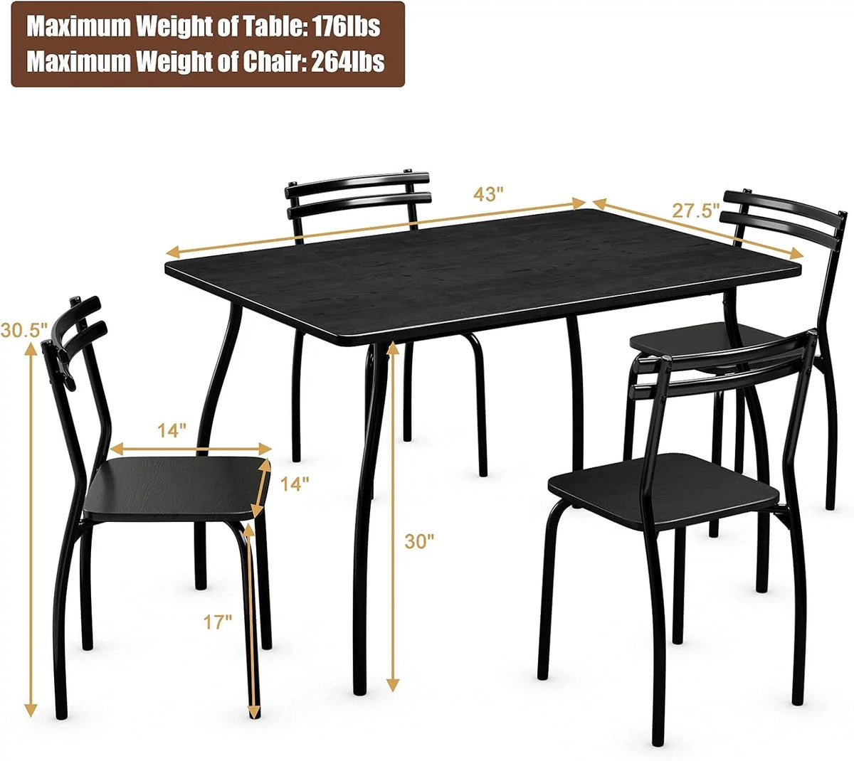 Modern Metal and Wood Rectangular Dining Table Set with 4 Chairs H6042