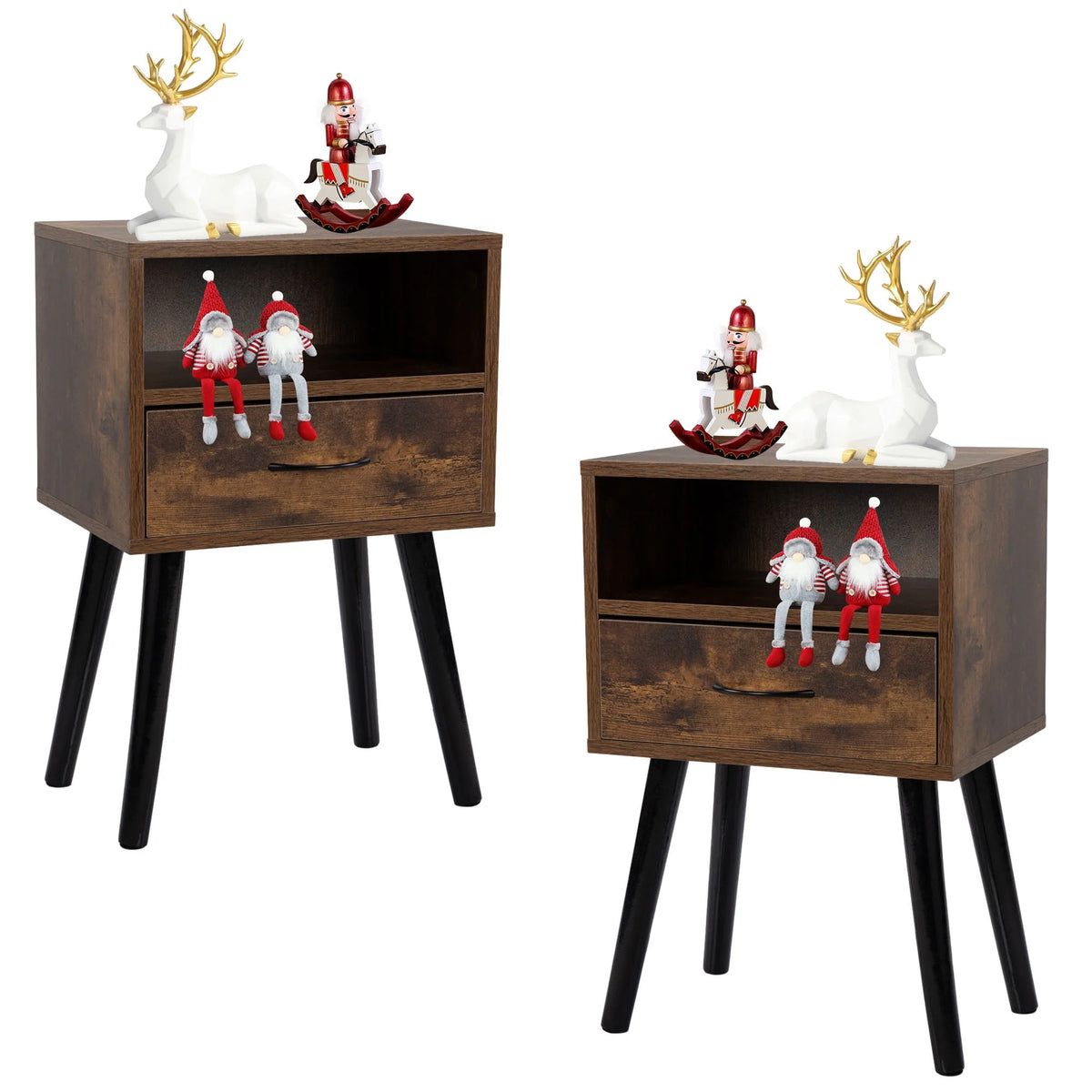 Set of 2 Nightstand with Drawer and Shelf, Wood Frame and Metal Legs, Brown R60430