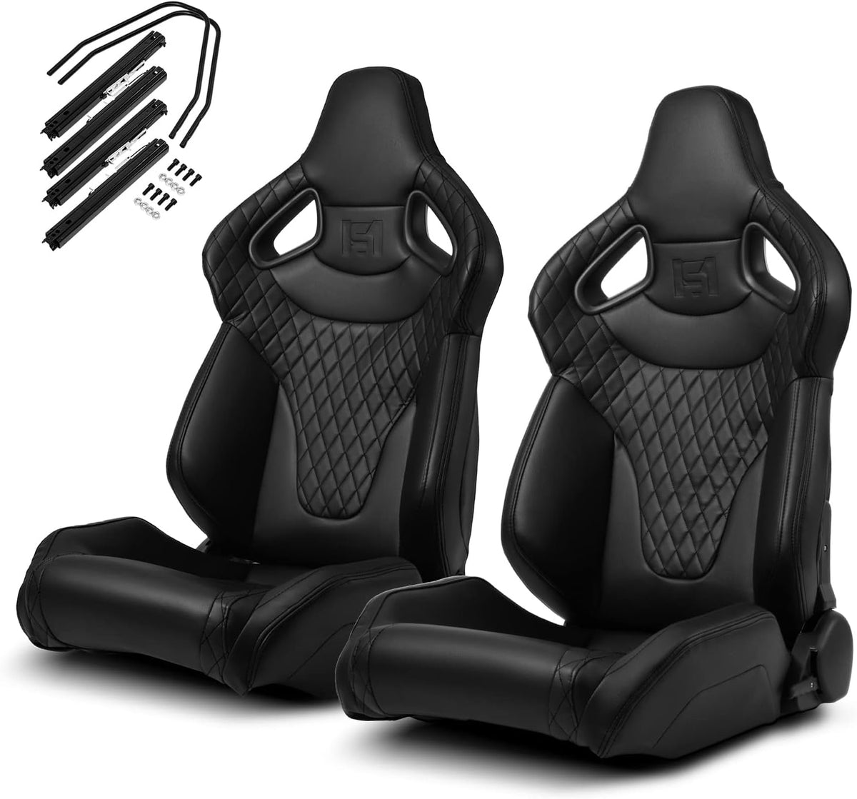 1 Pair Universal Black Carbon Fiber Leather PVC Racing Seats with Slider R8532