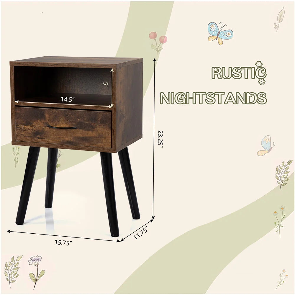 Set of 2 Nightstand with Drawer and Shelf, Wood Frame and Metal Legs, Brown R60430