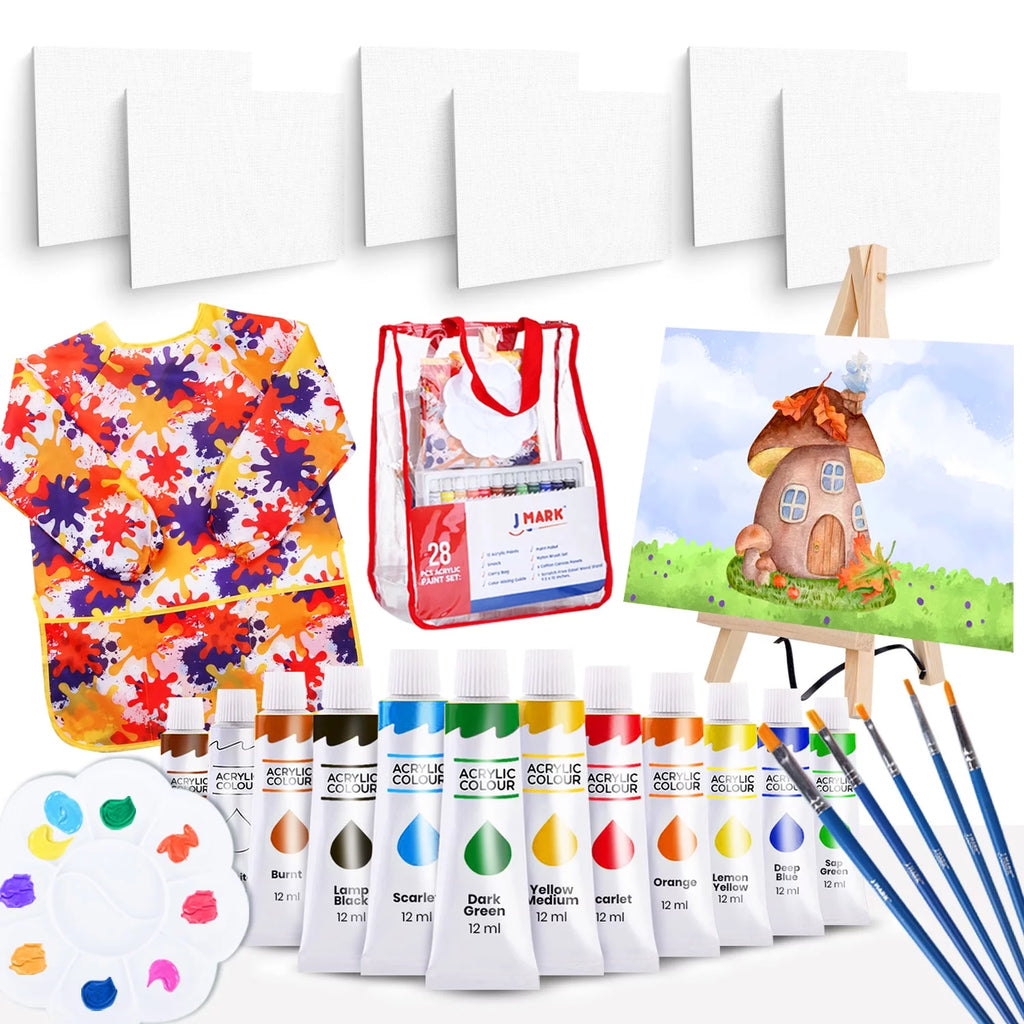 Acrylic Painting Kit with Storage Bag, Non Toxic Washable Paints, Wood Easel, Canvases, Brushes W830583