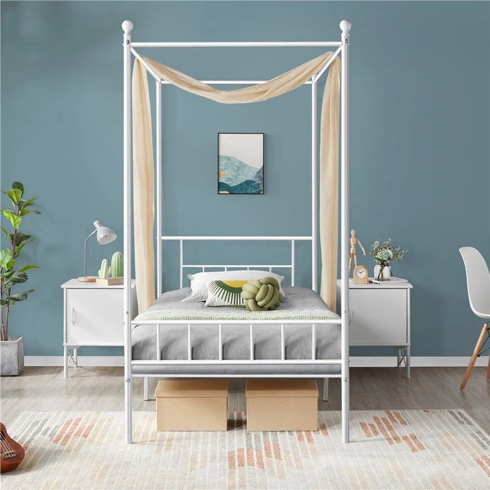 White Twin Metal Canopy Bed Frame with Headboard and Footboard E1617