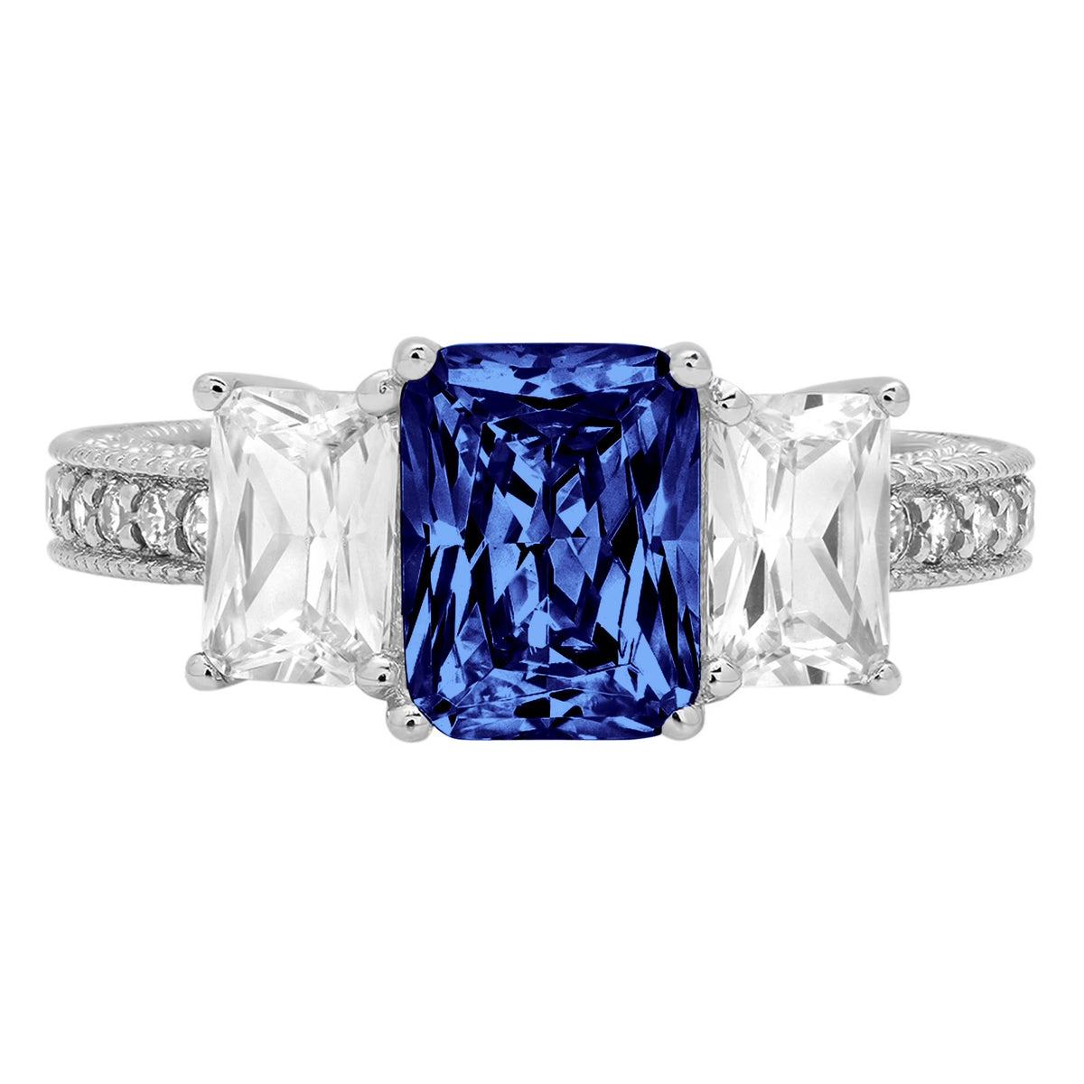 18k White Gold Three-Stone Ring with Blue Simulated Tanzanite Q41167