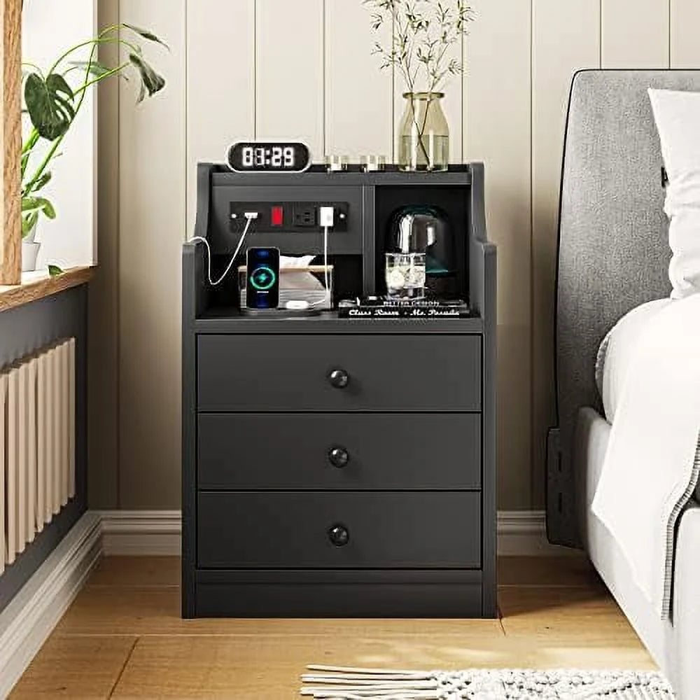 Black 3 Drawer Wood Nightstand with Charging Station J895
