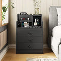 Black 3 Drawer Wood Nightstand with Charging Station J895