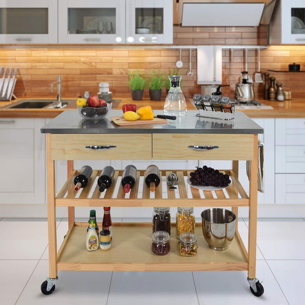 Kitchen Island Cart with Wheels Stainless Steel Counter Top 3 Tier Rolling A6754
