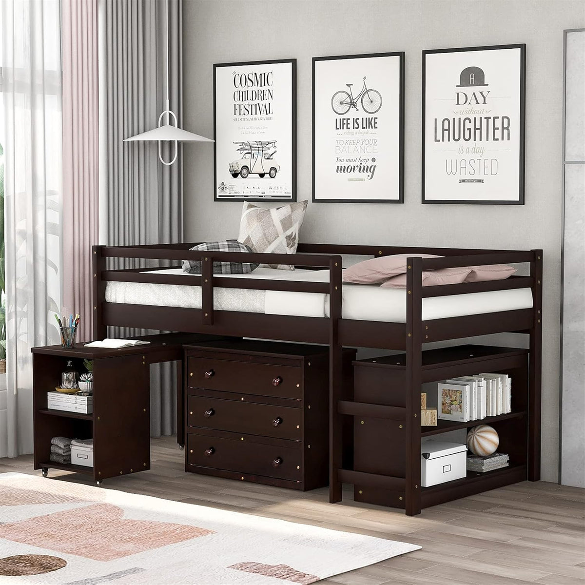 Espresso Wood Twin Low Loft Bed Frame with Storage Drawers P6177