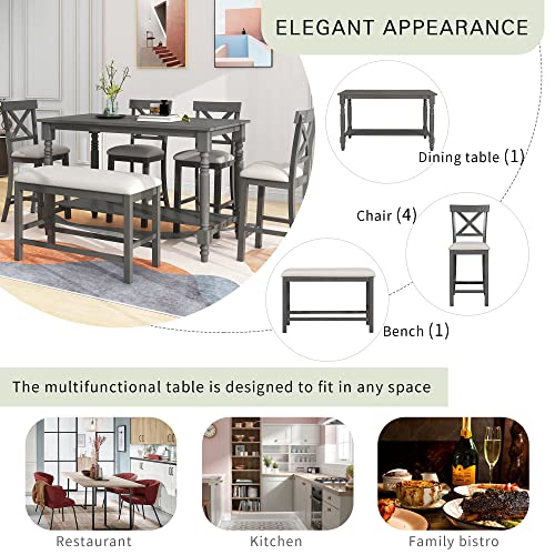6-Piece Counter Height Table with Shelf 4 Chairs and Bench Gray I7314