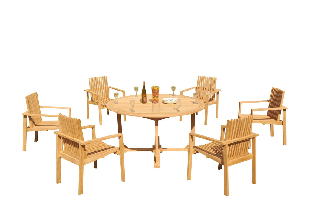 Grade-A Teak 7 Pc Dining Set 60" Round Table 6 Stacking Arm Chairs D4169