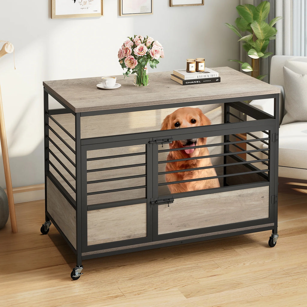 Grey Wooden Dog Crate Furniture with Wheels W417