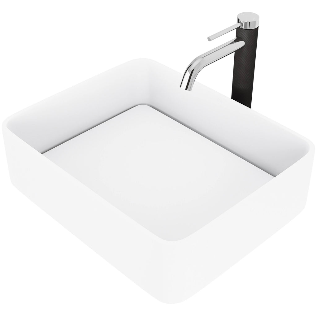 White Rectangular Vessel Bathroom Sink with Chrome Faucet and Pop-Up Drain D8695