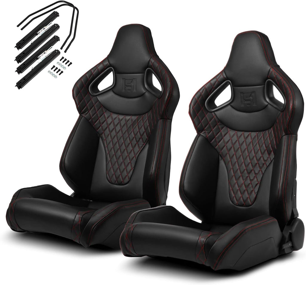 1 Pair Universal Black Carbon Fiber Leather PVC Racing Seats with Slider R8532