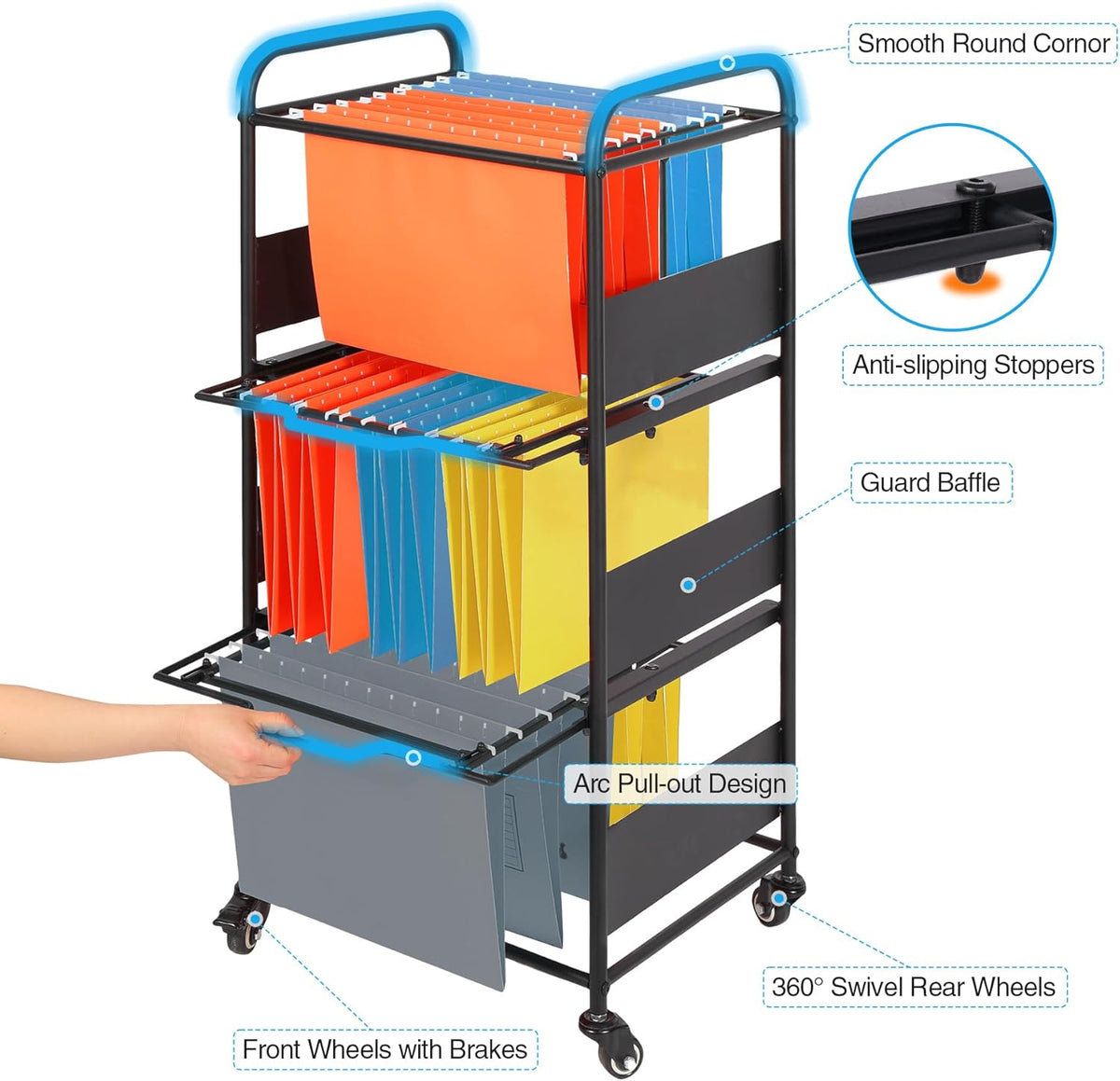 3-Tier Metal Rolling File Cart with Wheels, Black L259392
