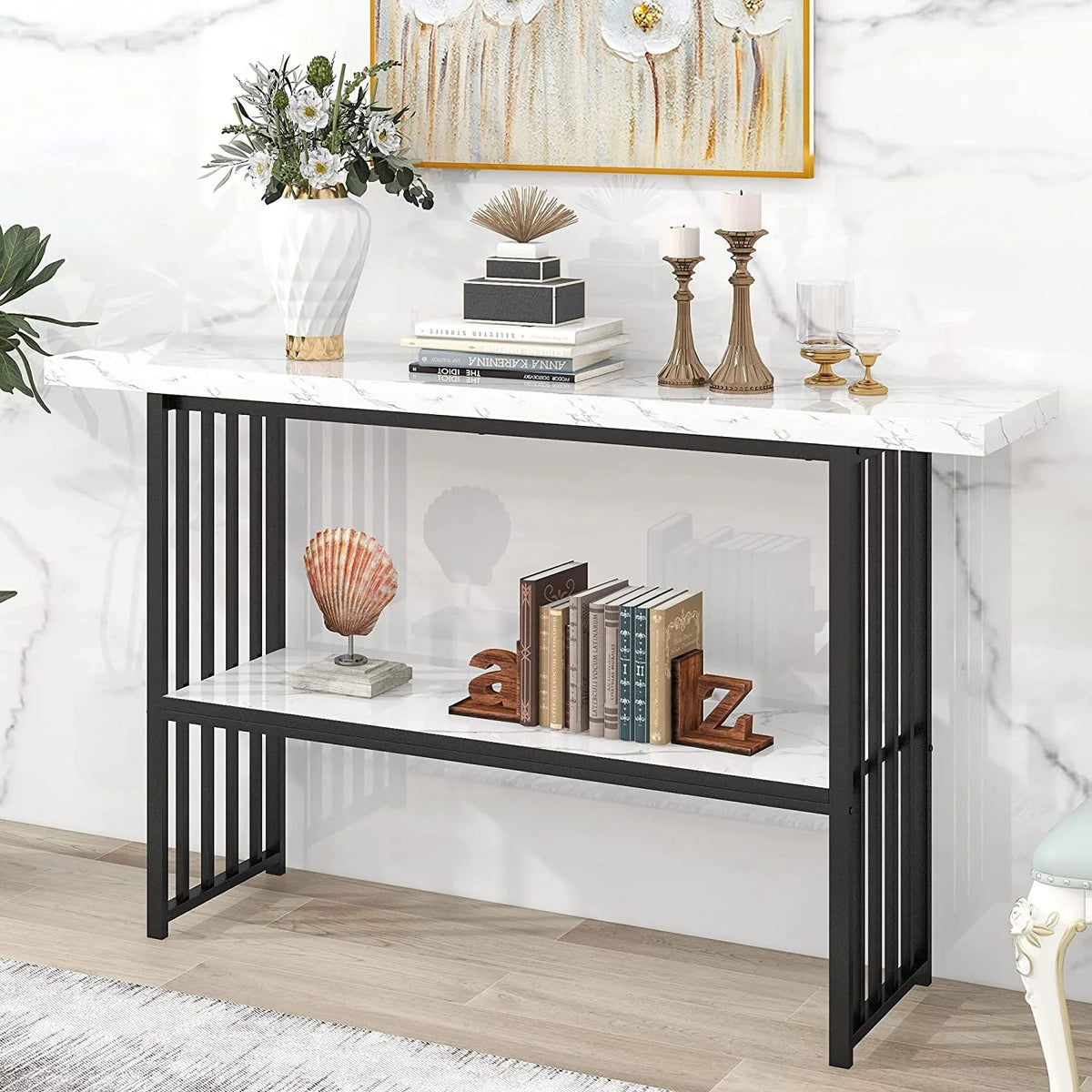 63" Console Table with 2 Storage Shelves White & Black X79554