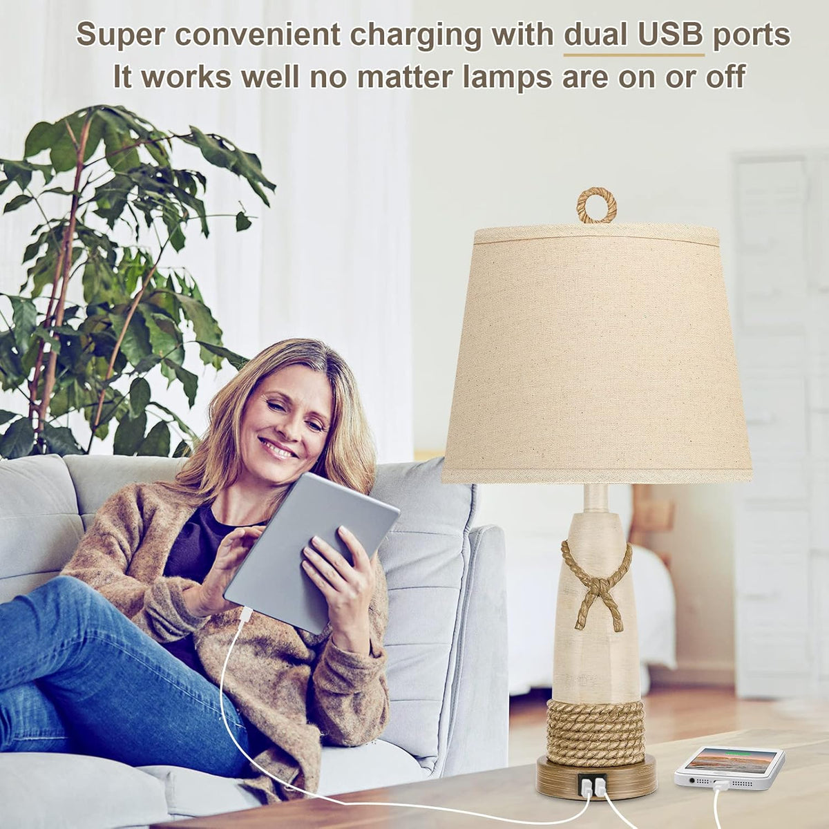 Set of 2 Dimmable Touch Lamps with USB Ports, Resin Nautical Drum Shade A708