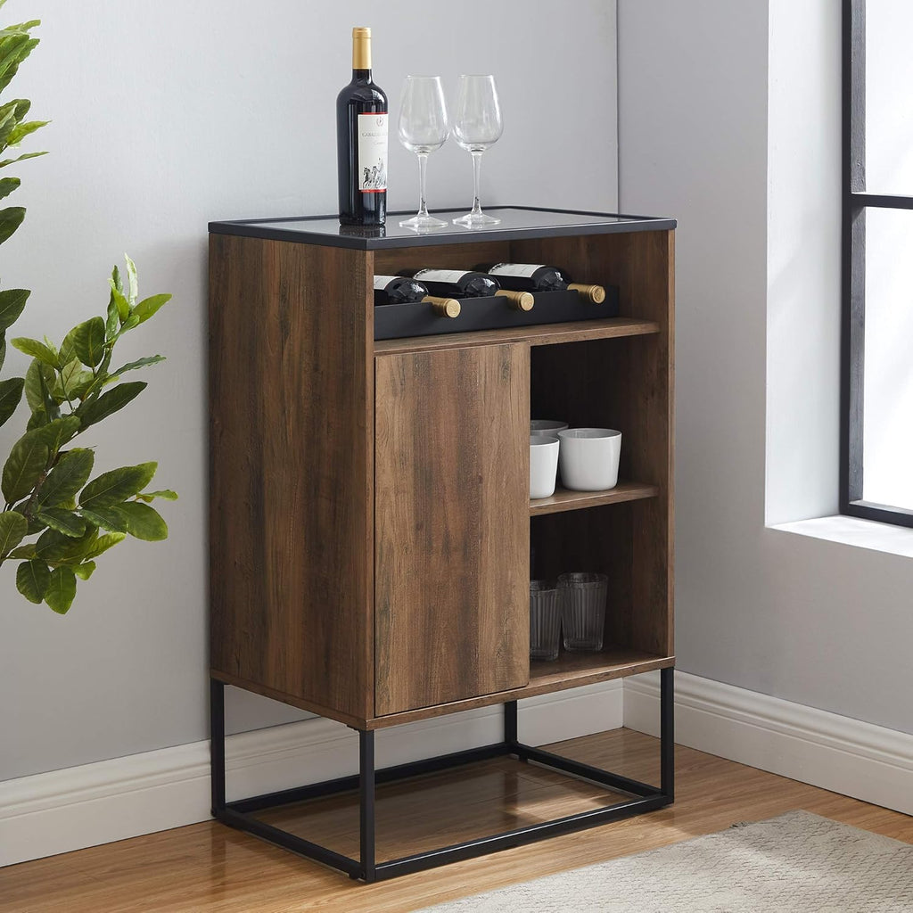 Rustic Oak Wood and Glass Bar Cabinet N1758