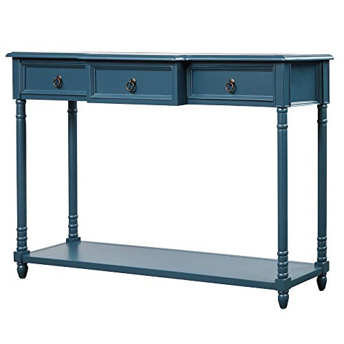 Antique Navy Narrow Console Sofa Table with Drawers and Long Shelf K3111