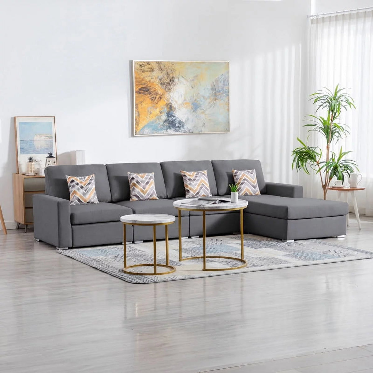 Beige Linen 4Pc Reversible Sectional Sofa Chaise with Pillows Y259